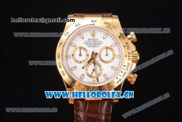 Rolex Cosmograph Daytona Clone Rolex 4130 Automatic Yellow Gold Case with White Dial Stick Markers and Brown Leather Strap (BP) - Click Image to Close